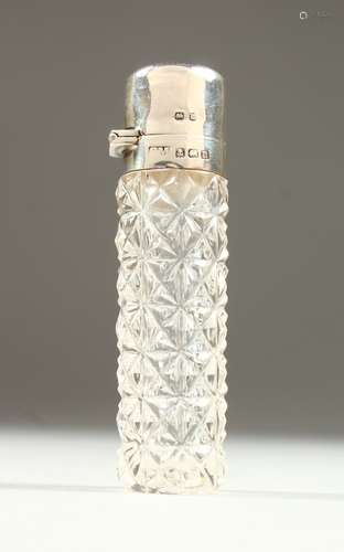 A VICTORIAN CUT GLASS SCENT BOTTLE AND STOPPER with plain silver top. Birmingham 1896. Maker C. M.