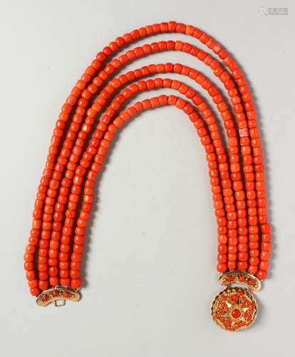 A SUPERB FIVE ROW CORAL NECKLACE with gold clasp. 230 grams.