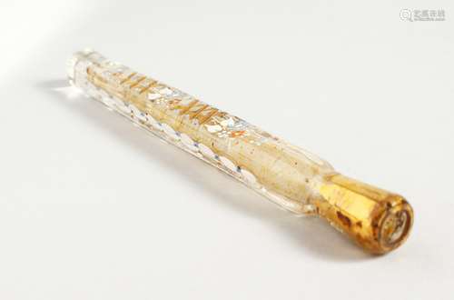 A LONG 19TH CENTURY GLASS GILDED AND ENAMELLED SCENT BOTTLE. 17.5cms long.