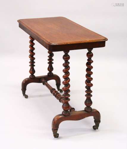A VICTORIAN MAHOGANY STRETCHER TABLE, with barley twist supports united by a turned stretcher. 91cms