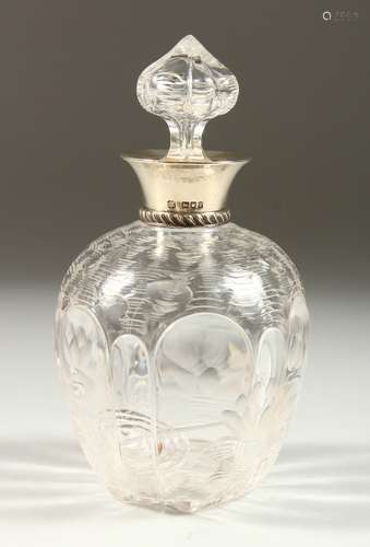 A SUPERB EDWARD VII CUT CRYSTAL INTAGLIO SCENT BOTTLE AND STOPPER with silver band. London 1904.