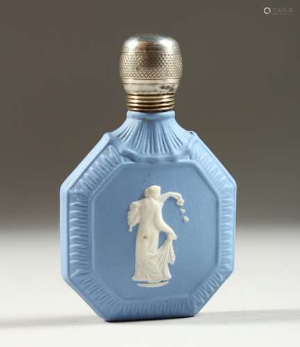 A WEDGWOOD BLUE AND WHITE JASPER WARE SCENT BOTTLE with classical figures and a silver cap. London