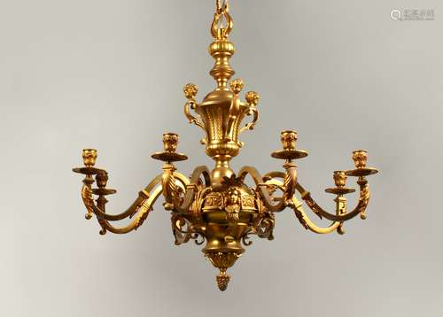 A SUPERB LOUIS XVITH DESIGN EIGHT BRANCH GILDED BRONZE CHANDELIER with scrolling branches,