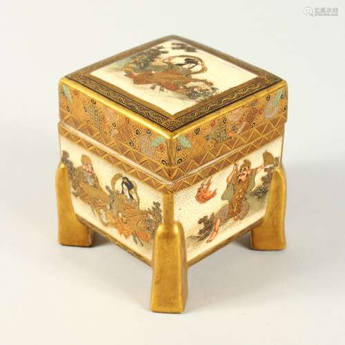 A GOOD SATSUMA SQUARE BOX AND COVER with panels of figures, on four legs. 2.75ins.