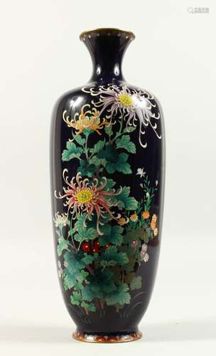 A GOOD JAPANESE BLUE GROUND CLOISONNE ENAMEL VASE decorated with chrysanthemums and other flowers.