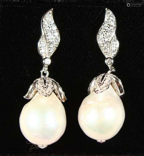 A PAIR OF SILVER AND BAROQUE PEARL DROP EARRINGS, boxed.