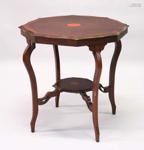 AN EDWARDIAN INLAID MAHOGANY OCTAGONAL SHAPED CENTRE TABLE, with curving legs united by an
