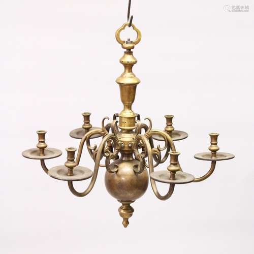 A DUTCH BRASS SIX BRANCH CHANDELIER. 2ft high.