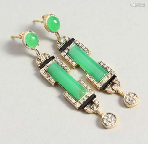 A PAIR OF 9CT GOLD AND SILVER SET DIAMOND, JADE AND ONYX DROP EARRINGS, boxed.