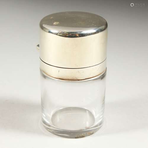 A VICTORIAN PLAIN GLASS SCENT BOTTLE AND STOPPER with plain silver top. Chester 1898. 8cms high x