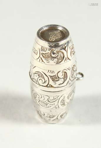 A TINY VICTORIAN ENGRAVED SILVER DAUM SHAPED SCENT BOTTLE. London 1881. Maker S. E. C. 3.5cms long.