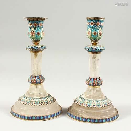 A VERY GOOD PAIR OF RUSSIAN CRYSTAL AND CHAMPLEVE ENAMEL CANDLESTICKS on circular bases. 9cms high.