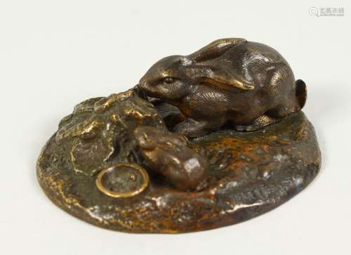 ANTOINE-LOUIS BARYE (1795-1875) FRENCH, A SMALL BRONZE GROUP OF TWO RABBITS EATING A CABBAGE,