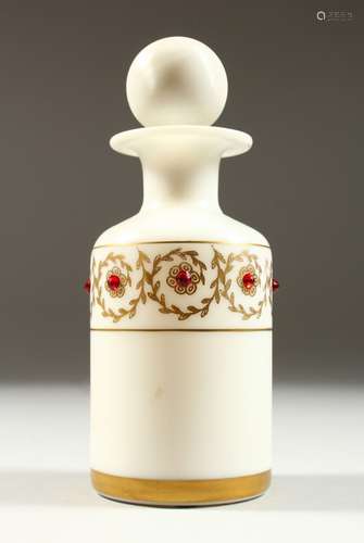 A NICE OPALINE JEWEL SET SCENT BOTTLE AND STOPPER. 19cms high x 7cms diameter.