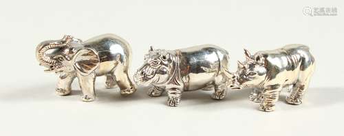 THREE NOVELTY SILVER ANIMALS, HIPPO, RHINO AND ELEPHANT.