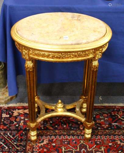 A PAIR OF GILT WOOD MARBLE TOPPED TABLES. 1ft 7ins wide.