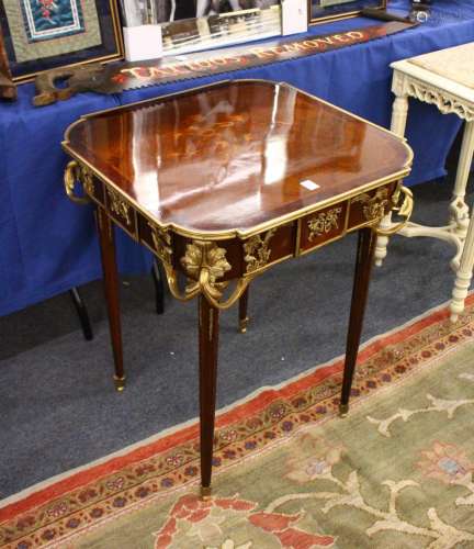 A LOUIS XVITH DESIGN SQUARE TOP TABLE, with marquetry top and ormolu mounts. 4ft 11ins wide.