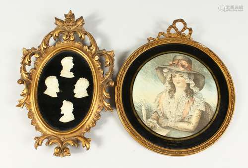 A SET OF FOUR PORTRAITS in a gilt frame and a circular colour print 