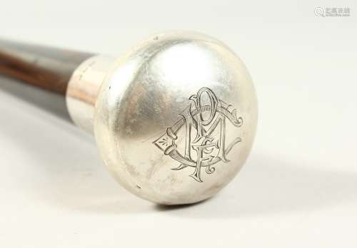 A SILVER MOUNTED EBONY WALKING CANE, with engraved presentation description: PRESENTED TO: PL CMDR