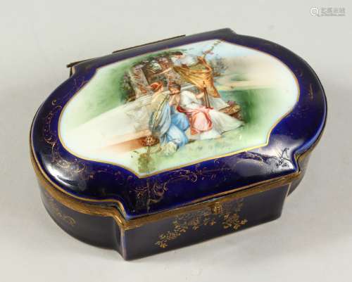 A FRENCH PORCELAIN JEWELLERY BOX with blue ground (AF). 6.5ins.