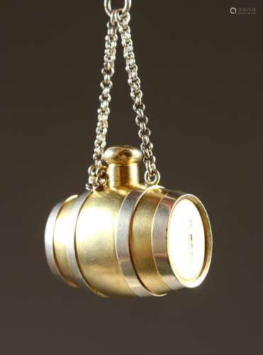 A RARE VICTORIAN SILVER AND SILVER GILT NOVELTY SCENT BOTTLE VINAIGRETTE SNUFF BOX with chain.