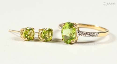 A 9CT GOLD, PERIDOT AND DIAMOND RING AND A PAIR OF STUDS, boxed.