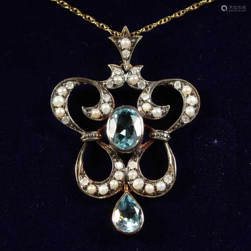 A 9CT GOLD, BLUE TOPAZ, PEARL AND DIAMOND PENDANT on a 9ct gold chain, boxed.