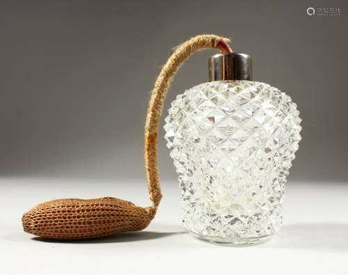 A HOBNAIL CUT GLASS ATOMISER with pump. 14cms high.