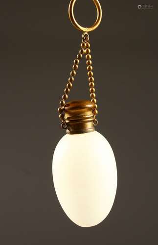 A FRENCH FROSTED GLASS EGG SHAPED SCENT BOTTLE with glass stopper, plated top on a chain.