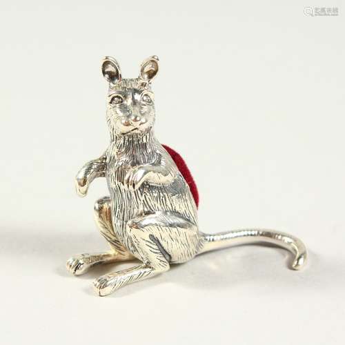 A NOVELTY SILVER KANGAROO PIN CUSHION. 4cms high.