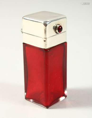 A VICTORIAN PLAIN RUBY GLASS SQUARE SHAPED SCENT BOTTLE AND STOPPER with plain silver top.