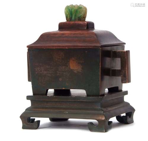 Chinese bronze censer with stand and wooden cover, with jadeite knop, impressed reign mark to
