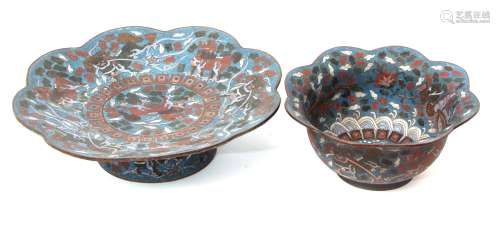 Chinese blue ground cloisonne bowl with petal rim, together with a large dish of similar form,