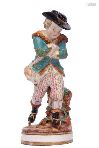 Mid-19th century Derby model of a skater on a circular base with factory mark in red to underside,