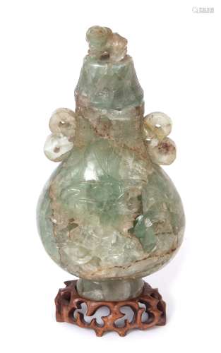 19th century Chinese green quartz vase and cover, the vase with scroll handles and a carved floral