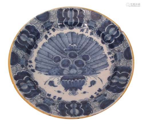 Mid-18th century Dutch Delft charger decorated in Chinese export porcelain style with a blue and