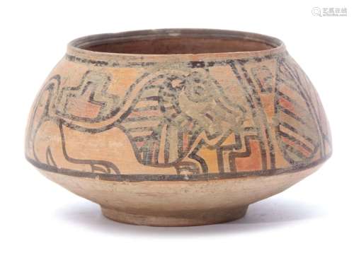 Indus Valley pottery bowl possibly circa 2000BC with painted decoration of a lion and a bull, 8cm