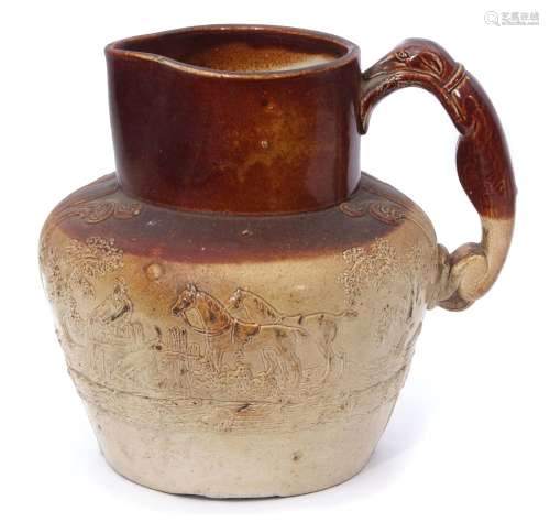 Large early 19th century stoneware jug, possibly Brampton, with sprigged decoration of a hunting