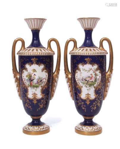 Pair of early 20th century Royal Worcester vases with gilt loop handles, the vases decorated with