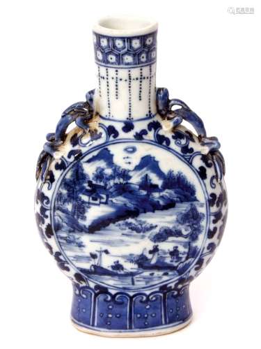 Chinese porcelain blue and white vase of flattened form, the centre painted in Ming style with a