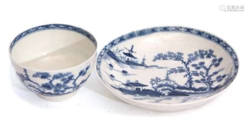 Worcester tea bowl and saucer decorated in blue and white with the Cannon Paul pattern with