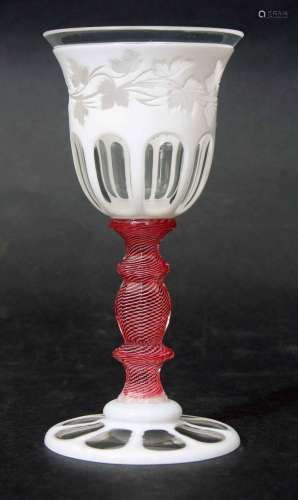 Bohemian double overlay glass goblet, flashed in white above a pink stem, cut with panels and