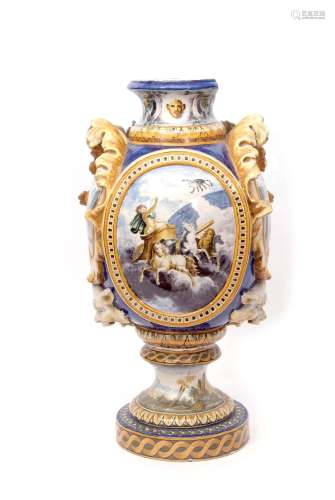 Italian Majolica, probably Urbino or Castelli renaissance style vase, decorated with four plaques of
