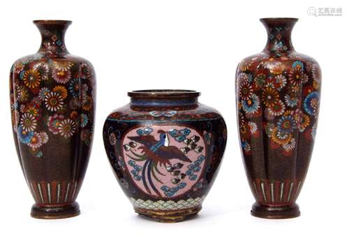 Three pieces of Japanese cloisonne Meiji period comprising two vases of lobed form with enamelled