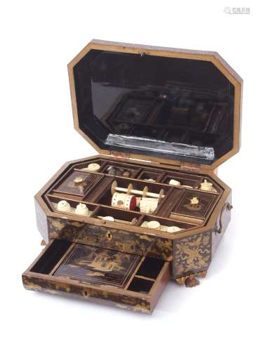Chinese export lacquer work sewing box with fitted interior complete with various ivory and bone