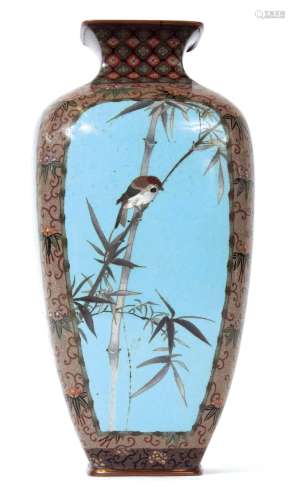 Japanese cloisonne vase, Meiji period, of square sections, with panels variously decorated with