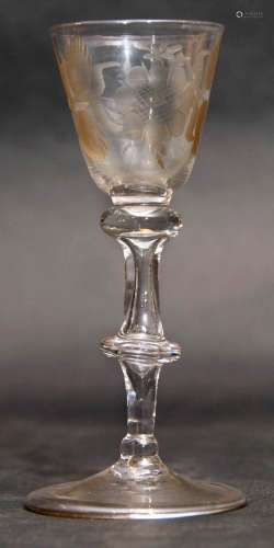 Wine glass with Jacobite style engraving of a rose raised on a double knopped stem, 14cm high