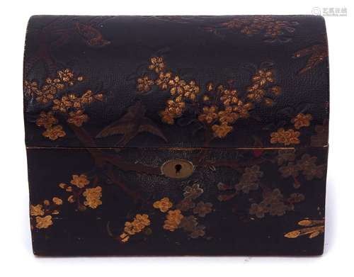 Oriental stationery file modelled as a casket with prunus and bird decoration, 22cm long