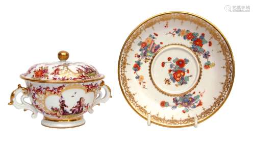 Bottger Meissen porcelain ecuelle and cover and stand, circa 1730, the ecuelle and cover finely