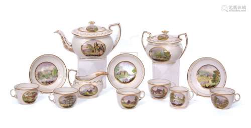 Early 19th century English porcelain tea set, probably by Newhall, pattern 1053, the set decorated